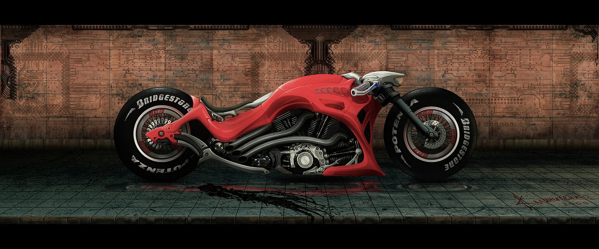 HD PC desktop wallpaper/background: sleek red custom motorcycle with low-slung frame, exposed engine and black Bridgestone tires against a textured industrial wall.