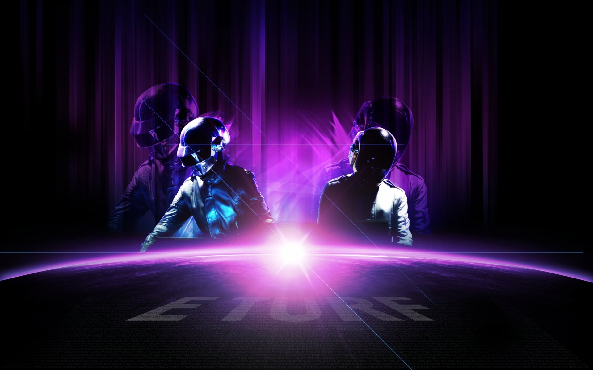 HD PC desktop wallpaper featuring the iconic electronic music duo Daft Punk in a futuristic, neon-lit setting with purple and blue hues.
