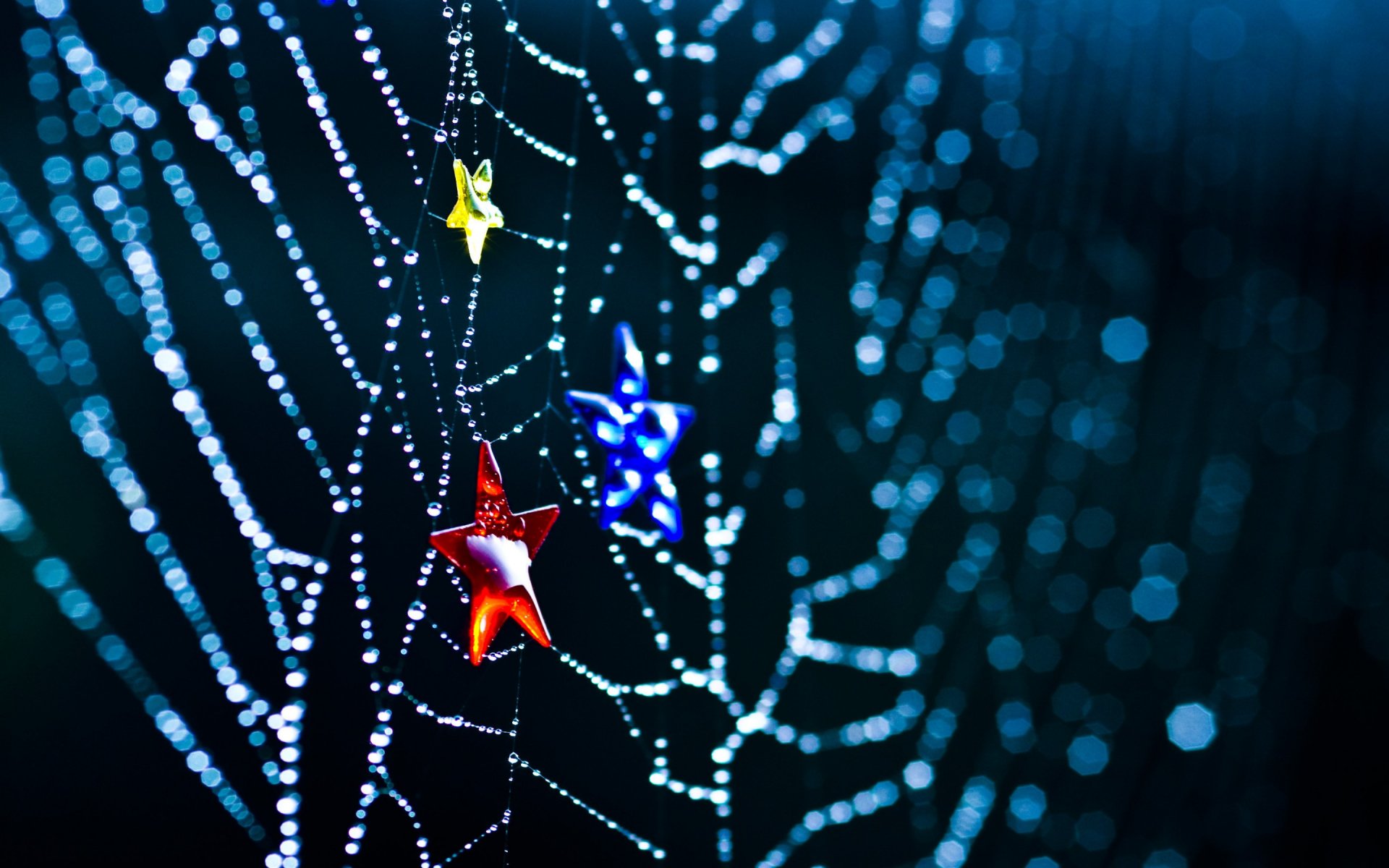 HD desktop wallpaper featuring a close-up photograph of a spider web adorned with red, yellow, and blue star-shaped decorations against a dark blue background.
