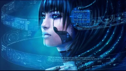 A futuristic woman with cybernetic features is depicted in this sci-fi HD desktop wallpaper, surrounded by glowing digital interfaces and a blend of blue tones.