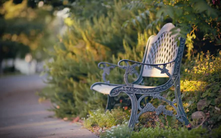 A decorative bench surrounded by lush greenery, capturing a serene moment in nature. This HD image serves as a beautiful desktop wallpaper or background.