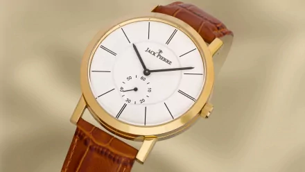 Close-up of a Jack Pierre man-made watch with a white dial, gold case, and brown leather strap, showcased as an HD PC desktop wallpaper and background.