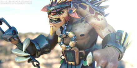 HD PC desktop wallpaper from the video game DotA 2: a snarling troll-like hero, muscular and armored with chains and tribal ornaments against a sunlit backdrop.