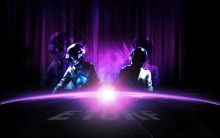 HD PC desktop wallpaper featuring the iconic electronic music duo Daft Punk in a futuristic, neon-lit setting with purple and blue hues.