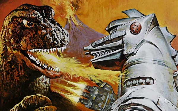 HD PC desktop wallpaper featuring a dramatic face-off between Godzilla and Mechagodzilla from the movie Godzilla vs. Mechagodzilla, set against a fiery volcanic background.