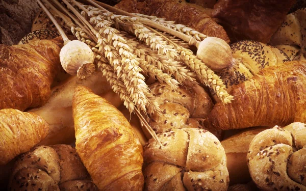 A beautiful still life of assorted viennoiserie, featuring golden croissants and various breads, complemented by sprigs of wheat, creating a warm, inviting atmosphere.