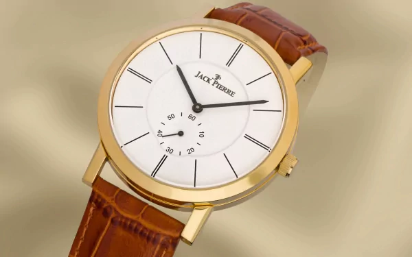 Close-up of a Jack Pierre man-made watch with a white dial, gold case, and brown leather strap, showcased as an HD PC desktop wallpaper and background.