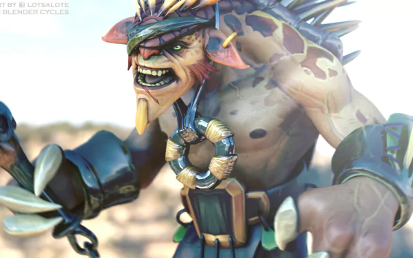 HD PC desktop wallpaper from the video game DotA 2: a snarling troll-like hero, muscular and armored with chains and tribal ornaments against a sunlit backdrop.