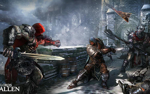 HD PC desktop wallpaper from the video game Lords of the Fallen, featuring armored warriors battling in a snowy, medieval castle setting.