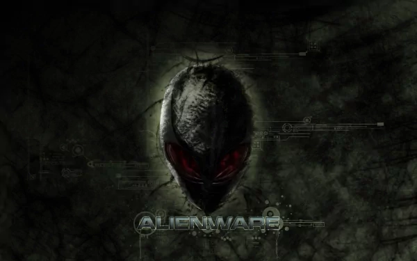 A striking HD desktop wallpaper featuring the Alienware logo and a futuristic alien head design, set against a dark, textured background with technological elements.