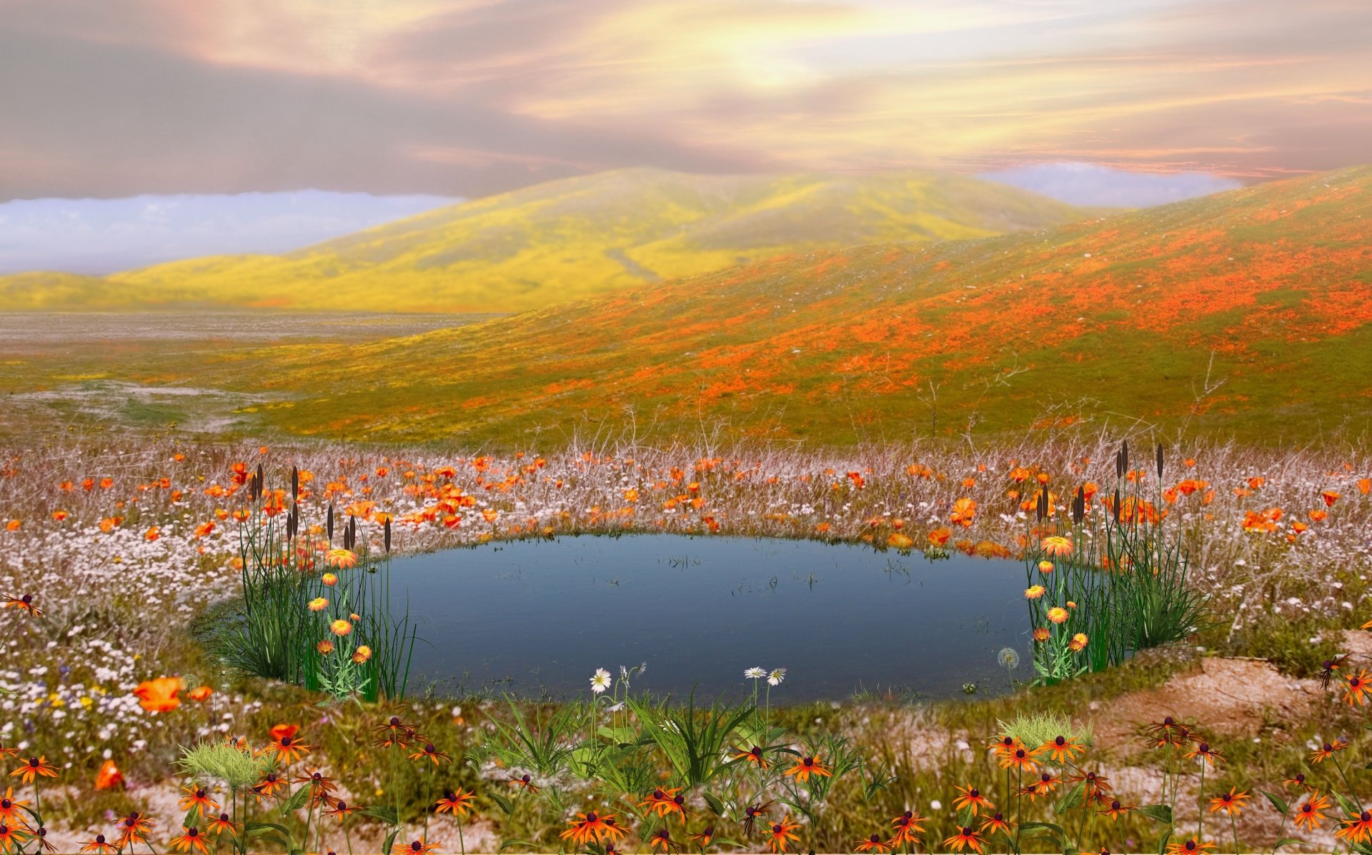 A serene landscape featuring a tranquil pond surrounded by vibrant flowers and rolling hills, showcasing the beauty of nature—an appealing HD desktop wallpaper and background.