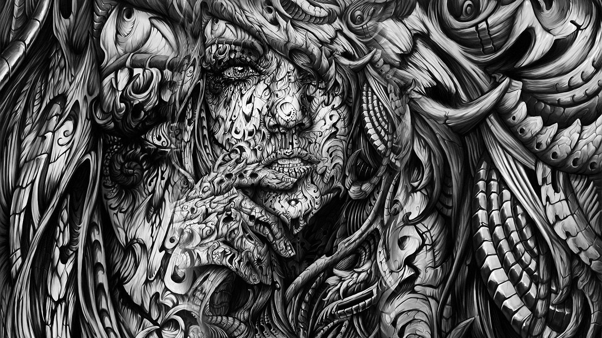 HD PC desktop wallpaper and background: monochrome fantasy woman entwined with ornate organic-mechanical tendrils and intricate tattoo-like textures.