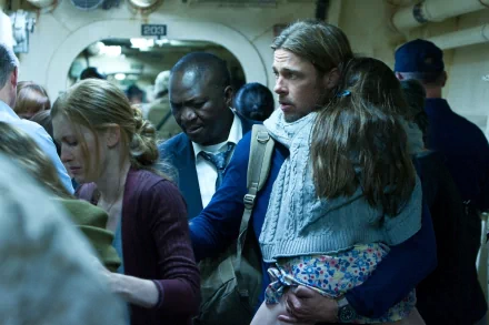 HD PC desktop wallpaper featuring a tense scene from the movie World War Z, showing characters navigating a crowded, chaotic subway environment.