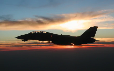 Silhouetted Grumman F-14 Tomcat jet in flight against a vibrant sunset sky, captured in high-definition for a striking military-themed desktop wallpaper.