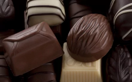 A close-up of an assortment of gourmet chocolates, showcasing rich textures and varying shades of dark, milk, and white chocolate. This image serves as an enticing HD desktop wallpaper.