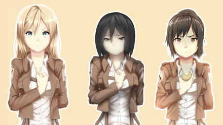 An HD anime desktop wallpaper featuring characters from Attack on Titan: Historia Reiss (blonde), Mikasa Ackerman (black hair), and Sasha Blouse (brown hair). Each character has a determined expression, wearing jackets.
