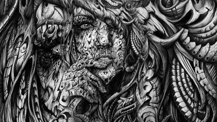 HD PC desktop wallpaper and background: monochrome fantasy woman entwined with ornate organic-mechanical tendrils and intricate tattoo-like textures.