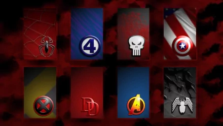 HD PC desktop wallpaper collage featuring symbols of Captain America, Venom, Avengers, Daredevil, X-Men, Punisher, Fantastic Four, and Spider-Man in a comic style.