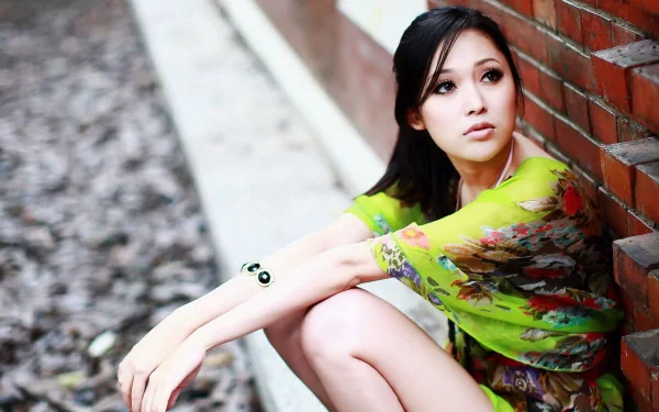 HD desktop wallpaper featuring a thoughtful woman sitting against a brick wall, exuding a contemplative mood. The background is blurred, highlighting her colorful dress.