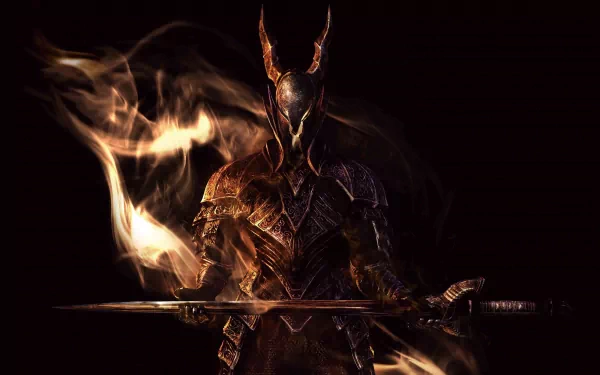A Dark Souls-themed 4K Ultra HD PC desktop wallpaper featuring a menacing armored character wielding a sword, surrounded by swirling flames against a dark background.