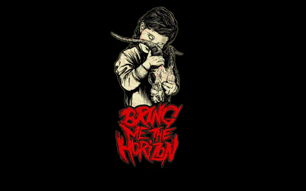 HD PC desktop wallpaper featuring a dark illustration of a child holding a skull with the red Bring Me The Horizon band logo beneath, reflecting music-themed art.