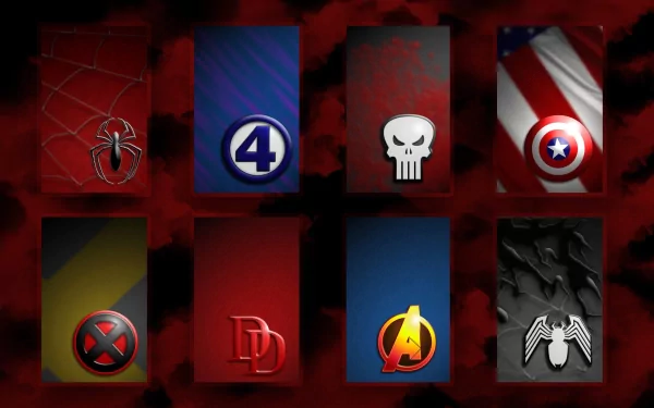 HD PC desktop wallpaper collage featuring symbols of Captain America, Venom, Avengers, Daredevil, X-Men, Punisher, Fantastic Four, and Spider-Man in a comic style.