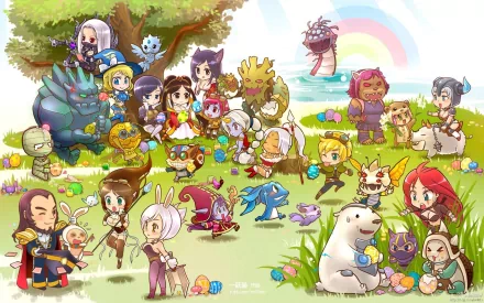 HD wallpaper illustration featuring chibi characters from the video game League of Legends, depicting a colorful and playful scene with various champions in a bright, outdoor setting.