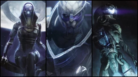 HD wallpaper featuring iconic characters Garrus Vakarian and Tali'Zorah from the Mass Effect series, showcasing their unique designs and the Legion theme in a striking visual composition.