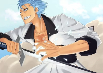 Grimmjow Jaegerjaquez, an Espada from Bleach, wields his sword confidently against a bright sky, capturing the dynamic essence of this anime character in a striking HD wallpaper.