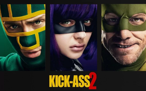 HD PC desktop wallpaper featuring close-up portraits of the main characters from the movie Kick-Ass 2 against a black background.