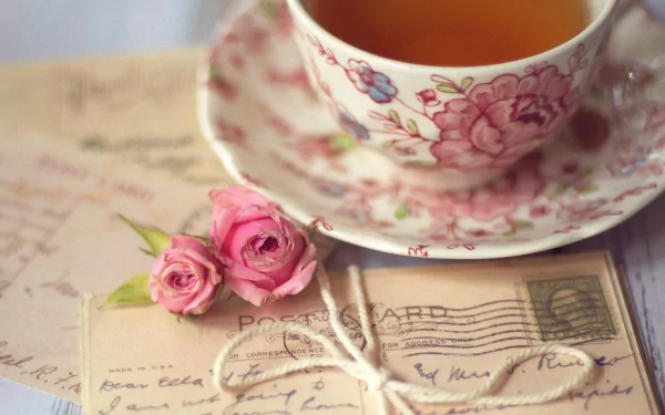 A delicate porcelain teacup filled with tea sits next to vintage postcards and pink roses, creating a serene food and tea-themed HD desktop wallpaper.