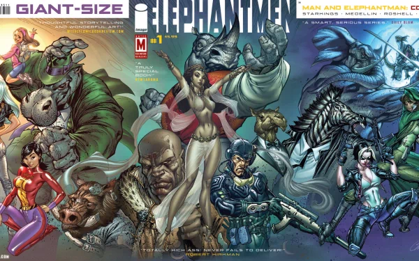 HD PC desktop wallpaper background: Comic Elephantmen panoramic art showing anthropomorphic elephant-human characters and humans in dramatic sci‑fi/fantasy action poses.