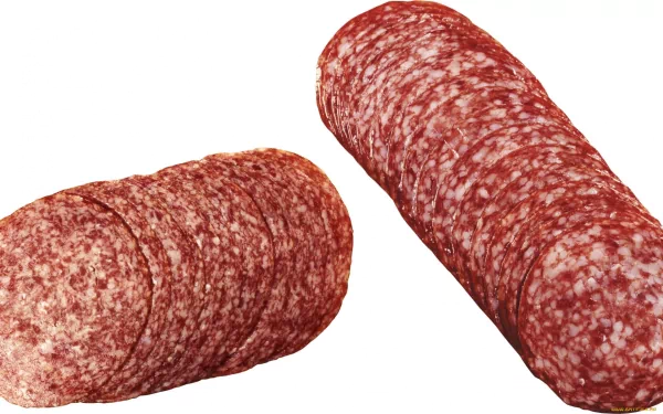 HD PC desktop wallpaper featuring close-up of sliced and whole salami, highlighting its rich texture and deep red color.