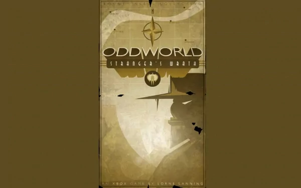 HD PC desktop wallpaper background for the video game Oddworld featuring stylized vintage poster art with a masked figure silhouette, compass emblem and muted sepia tones.
