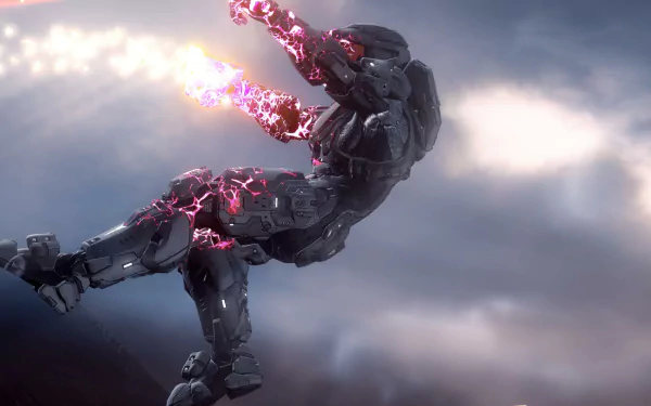 A striking HD desktop wallpaper featuring a character from the Halo video game, showcasing dynamic action with vibrant energy effects against a dramatic sky backdrop.