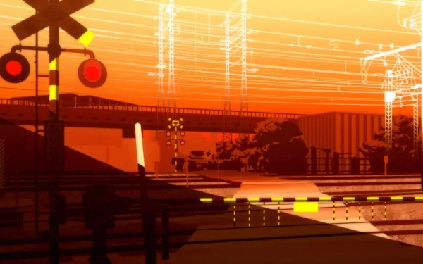 A vibrant HD desktop wallpaper from the Monogatari series, featuring a stylized sunset over a train crossing, illuminated by glowing signals and dynamic lines.