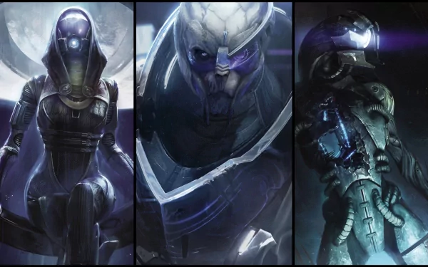 HD wallpaper featuring iconic characters Garrus Vakarian and Tali'Zorah from the Mass Effect series, showcasing their unique designs and the Legion theme in a striking visual composition.