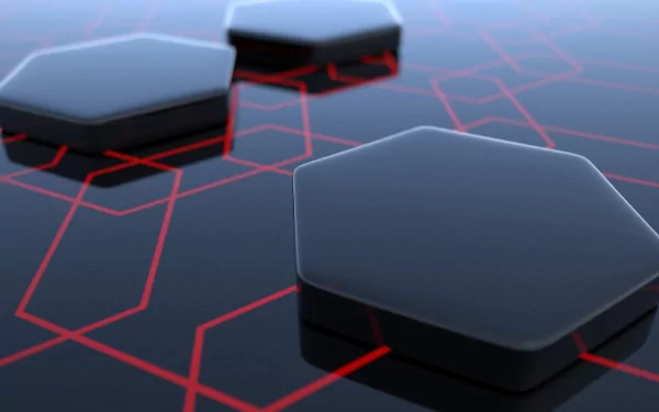 A striking abstract 3D wallpaper featuring glossy black hexagons on a textured surface, connected by vibrant red lines, creating a modern and captivating visual effect.