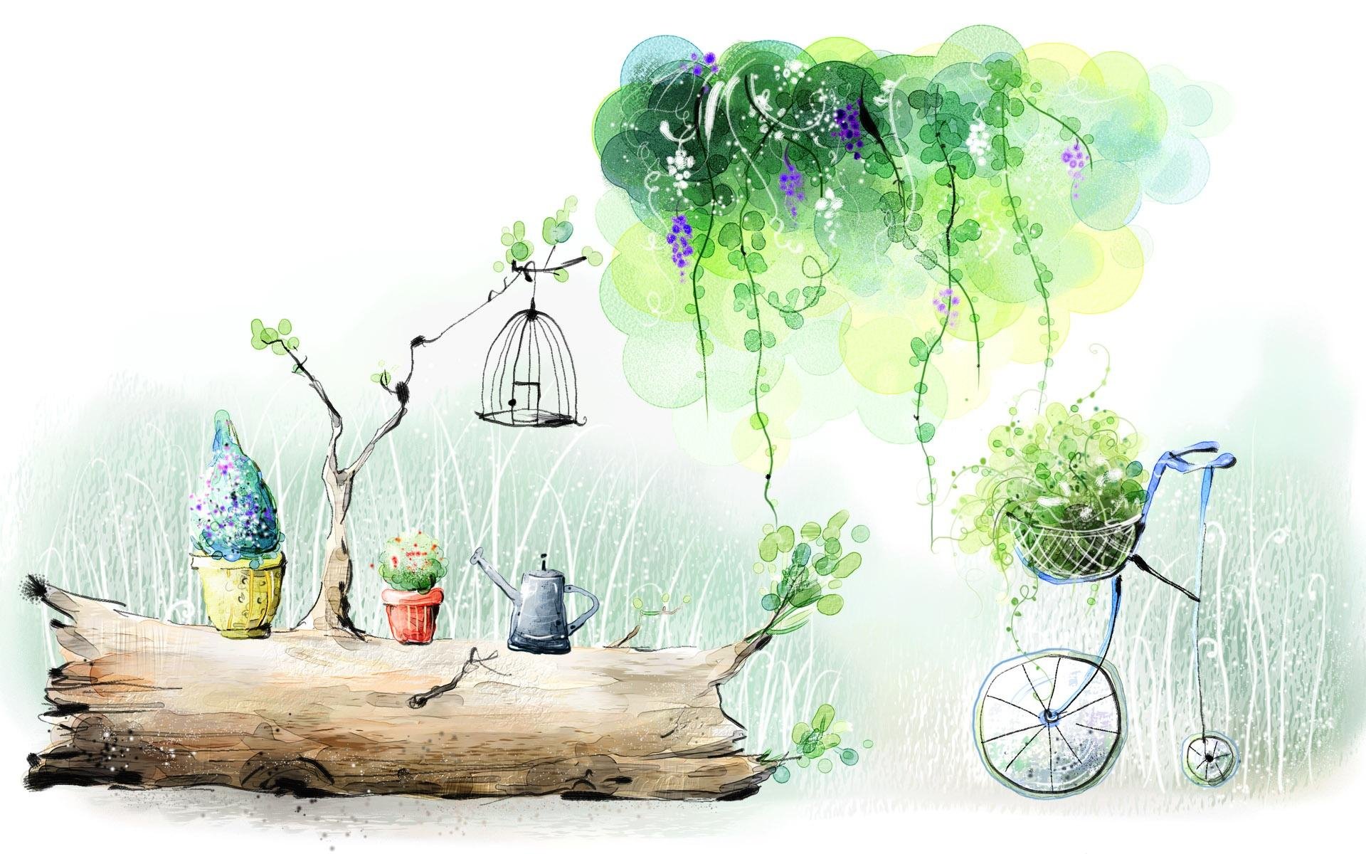 A vibrant artistic painting featuring a wooden log, potted plants, a watering can, and a bicycle adorned with greenery, creating a serene HD desktop wallpaper and background.