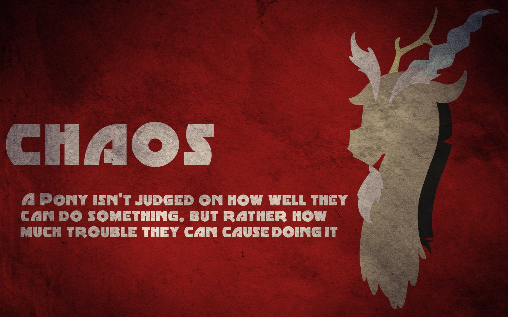 HD PC desktop wallpaper featuring a stylized silhouette of Discord from My Little Pony: Friendship Is Magic with the word CHAOS and a quote about trouble.