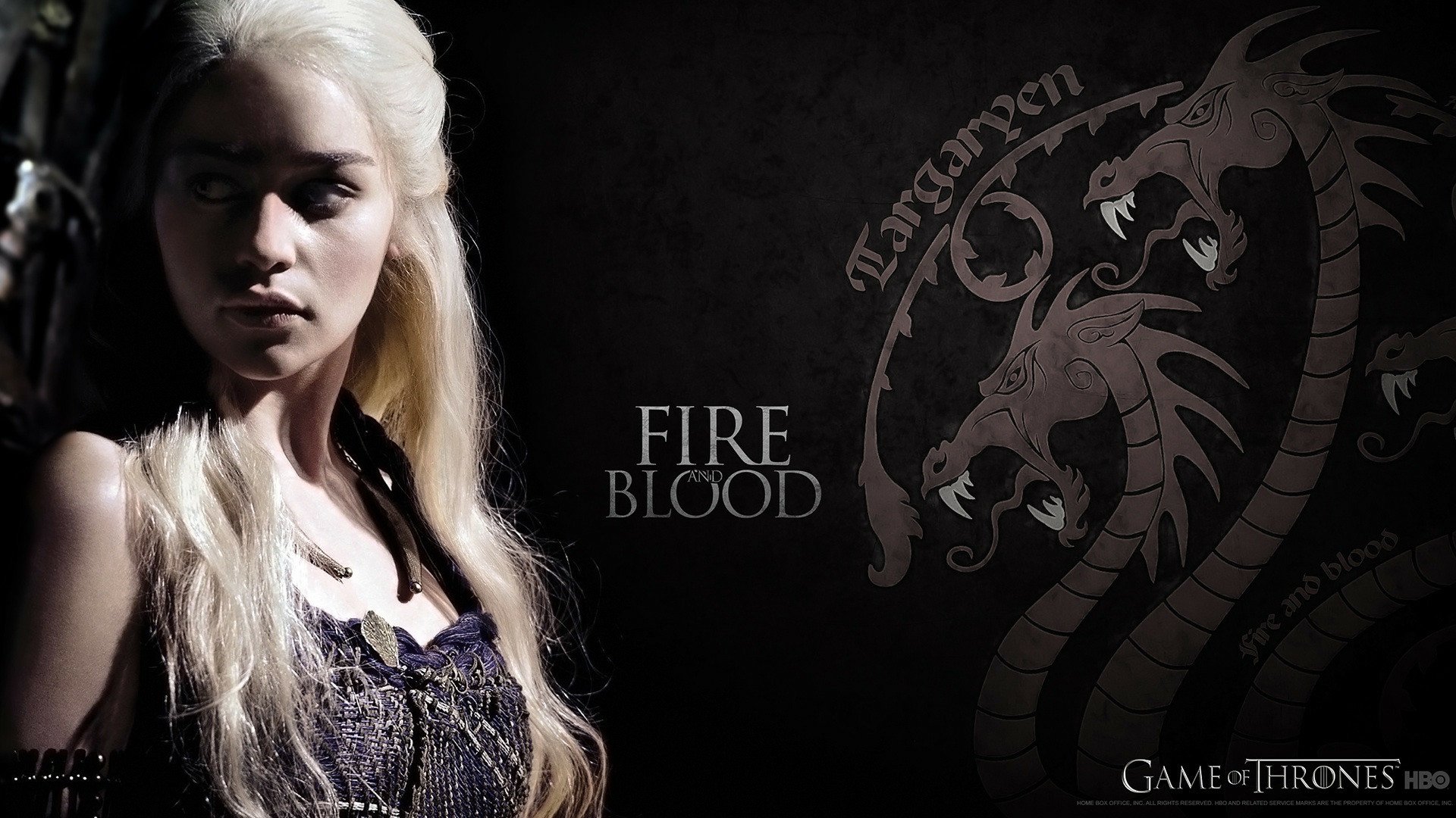 HD wallpaper featuring Emilia Clarke as Daenerys Targaryen from the TV show Game of Thrones, with FIRE BLOOD text and a dragon emblem in the background.