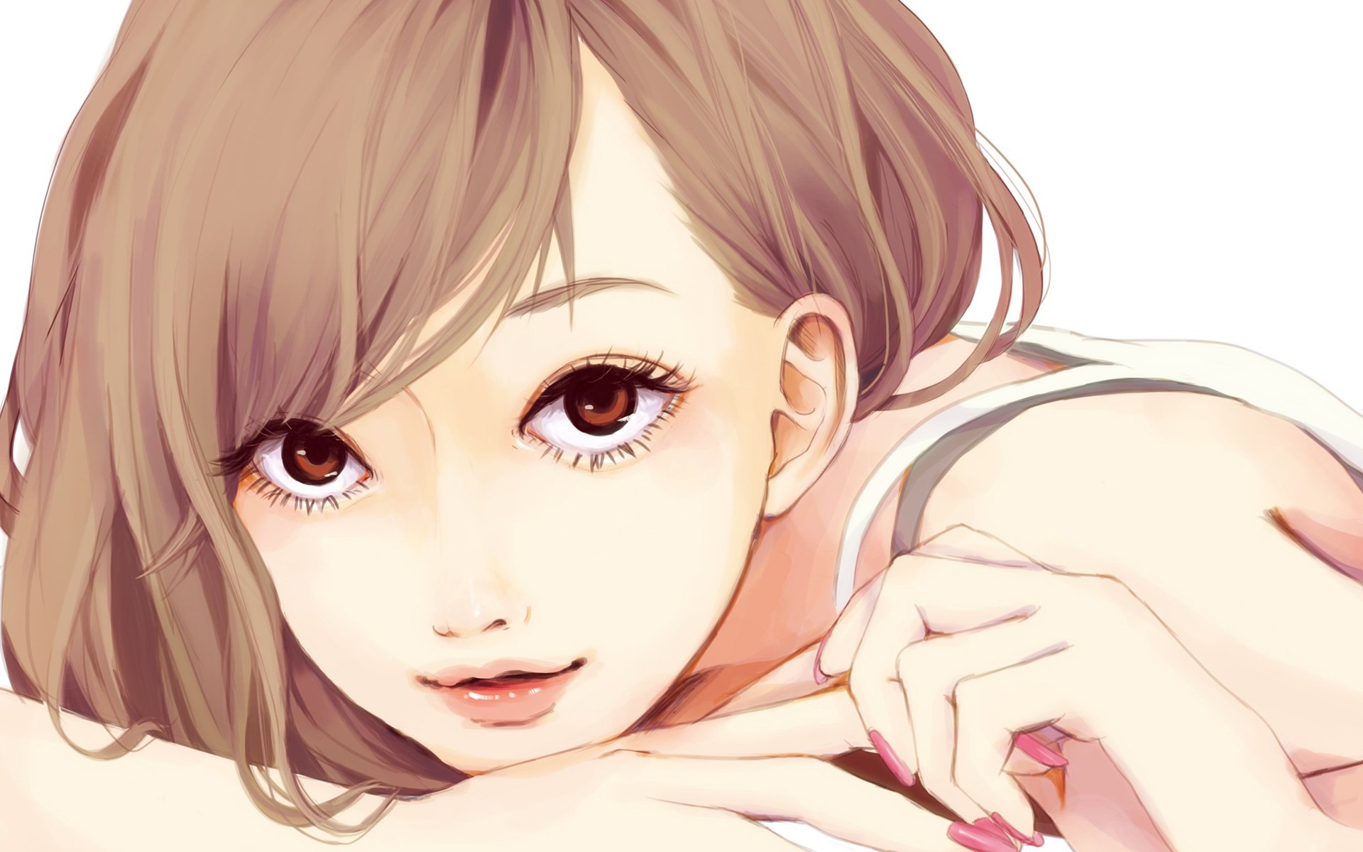 A captivating anime girl with expressive eyes and soft features, portrayed in a serene pose. This original HD wallpaper adds charm to any desktop background.