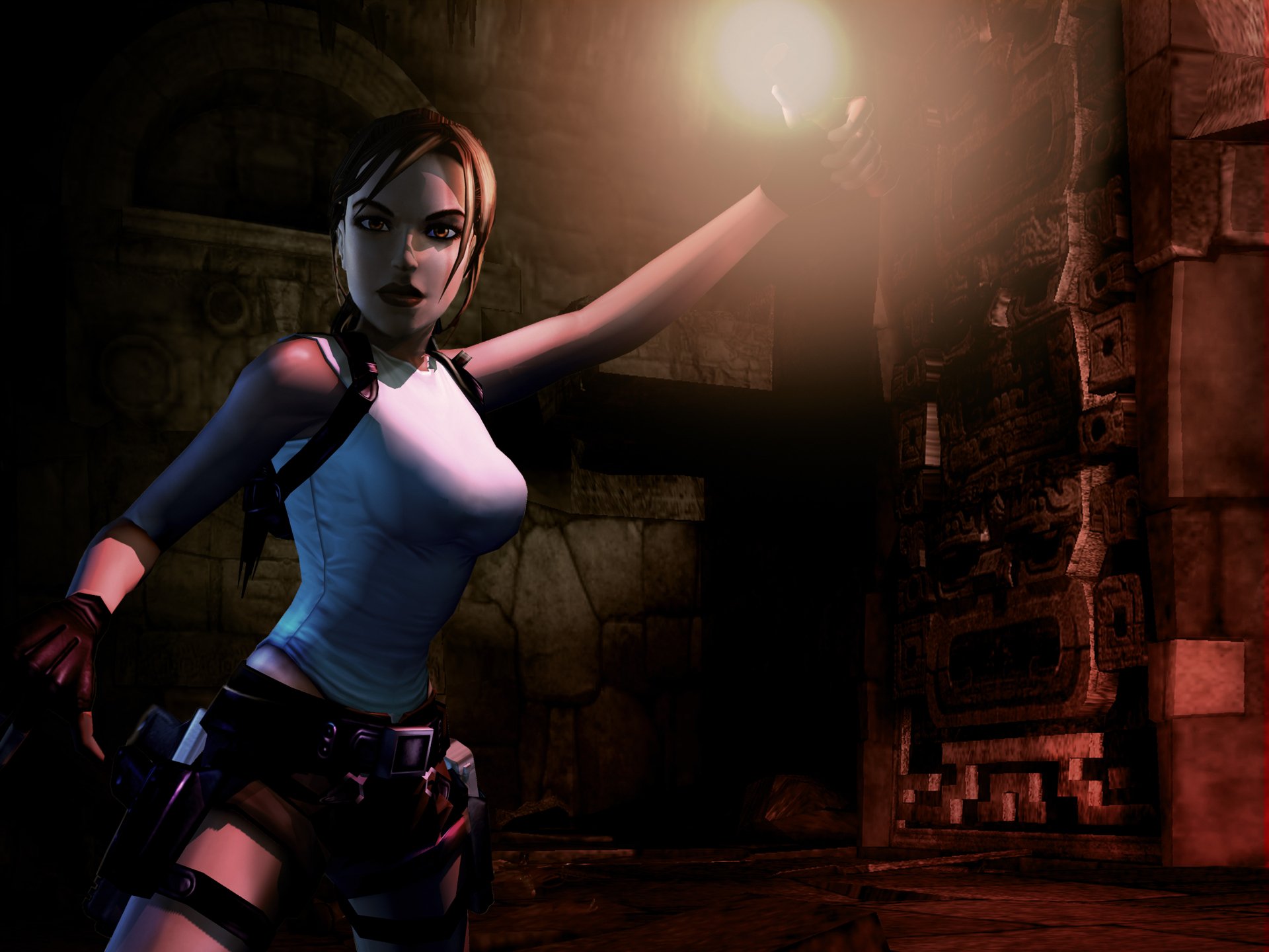 4K Ultra HD PC desktop wallpaper featuring Lara Croft from the video game Tomb Raider exploring a dimly lit ancient tomb.