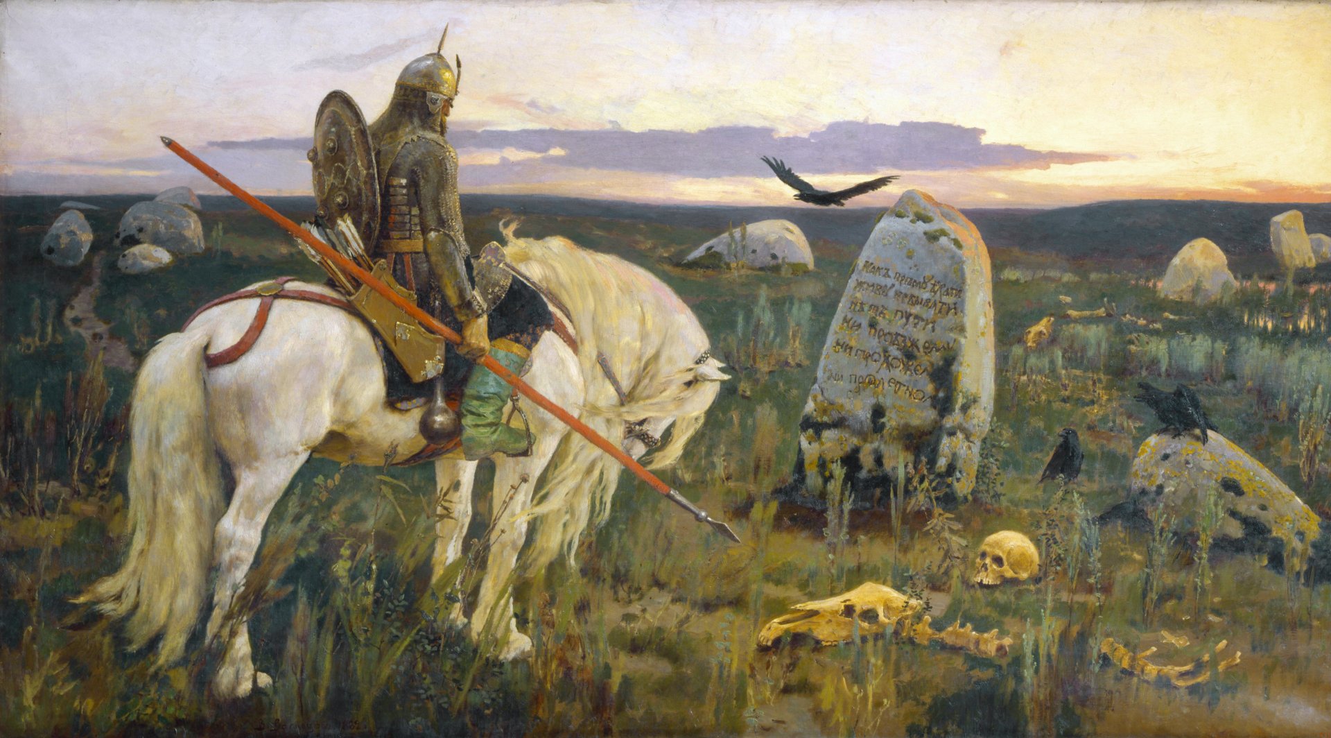 A fantasy warrior on a white horse stands amidst gravestones and skulls, set against a dramatic sunset, creating a captivating HD wallpaper scene.