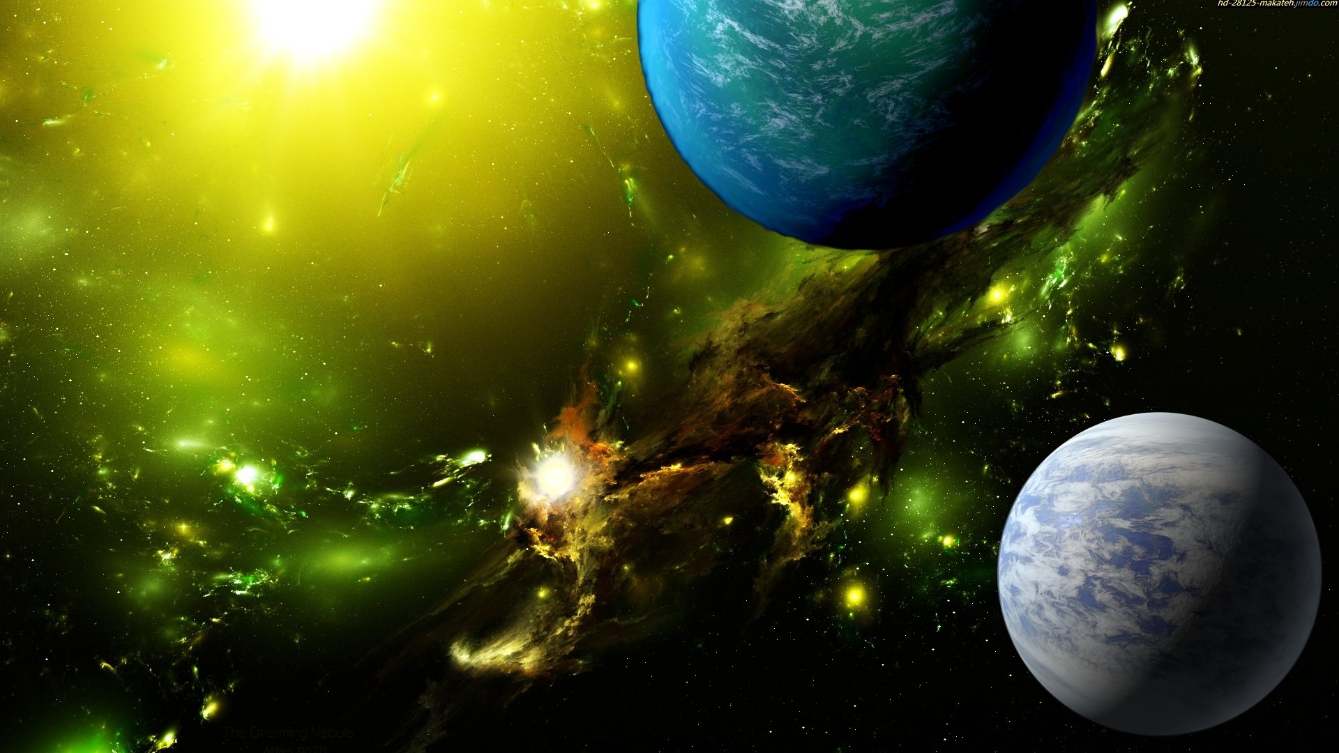HD PC desktop wallpaper: Sci Fi space vista with glowing yellow nebula, bright sun, a blue-green planet and a blue-gray moon.