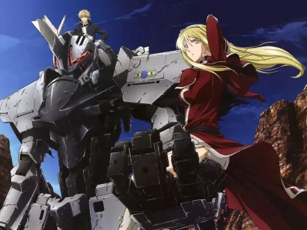 HD PC desktop wallpaper featuring anime characters from Broken Blade, including a large armored mech and a blonde-haired figure in a red outfit against a rocky landscape.