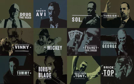 HD PC desktop wallpaper showing a stylized grid of character portraits from the movie Snatch, each panel labeled with names, in moody cinematic green and blue tones.