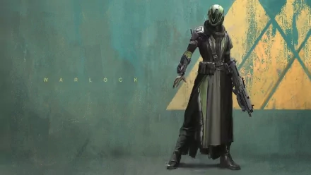 HD PC desktop wallpaper featuring the Warlock character from the video game Warlock, standing in dark armor with a futuristic weapon against a textured green background.
