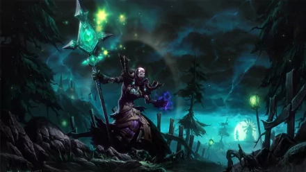A captivating fantasy scene featuring a wizard wielding a mystical staff, surrounded by an eerie forest illuminated by green sparks, serving as a stunning HD desktop wallpaper.