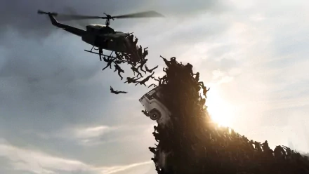 HD PC desktop wallpaper from the World War Z movie showing a helicopter hovering as a massive swarm of zombies climbs toward it against a cloudy sky backdrop.